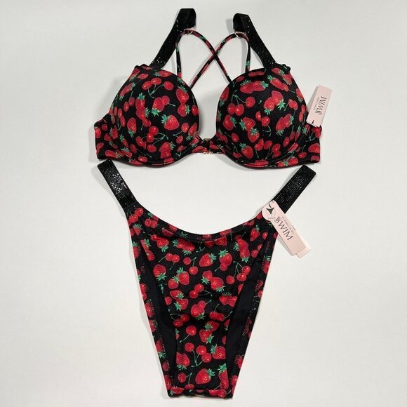 Victoria Secret 34A S Bombshell Push Up Top Bikini Set Shine Strap Cherry Print - Picture 2 of 6